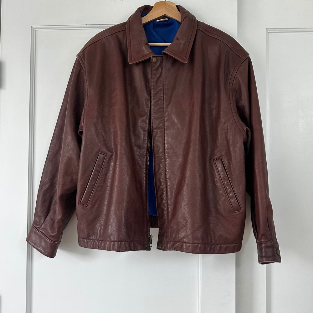Vintage 90s Chocolate Brown Leather Jacket Oversized Bomber Blouson Mens M